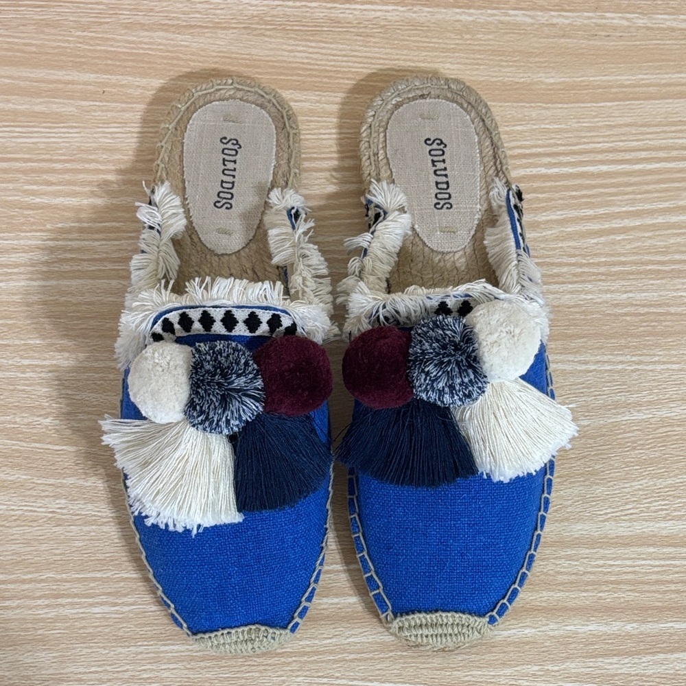 Soludos Blue Espadrille Mule Slides Tassel Pom Pom Size 8.5